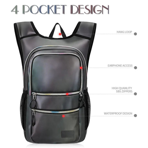 Glow In The Dark Hydration Pack With 3L Water Bladder, Lightweight Insulated Backpack showing 4 pocket design and zipper details