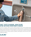 Child filling bottle at station with WaterSentry Plus Retrofit Filter Kit For Bottle Fillers With Quick Disconnect Easy One Quarter Turn Install And Automatic Inlet Shut Off Valve For Clean Drinking Water In Schools And Commercial Setups.