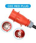 CEE red plug close-up for Rock Solid Portable EV Charger 11KW 16A App Controlled GBT EVSE Station with 5M cable.