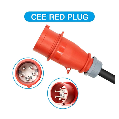 CEE red plug close-up for Rock Solid Portable EV Charger 11KW 16A App Controlled GBT EVSE Station with 5M cable.