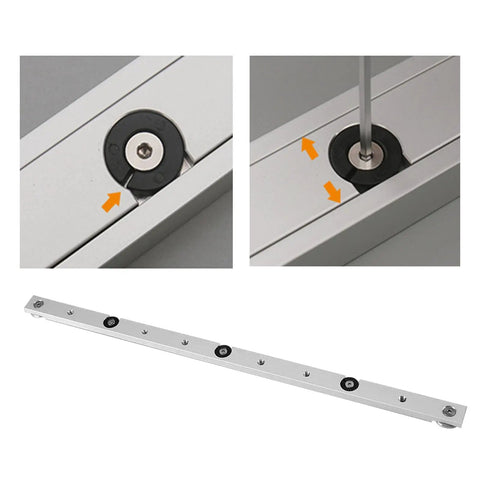 Aluminum Miter Bar for Table Saws and Router Tables Heavy Duty T Slot Rail Gauge Rod for Woodworking Sliding Clamp Track 450mm Length 17.71 Inches Perfect for Miter Sleds and DIYers, shown installed and close-up
