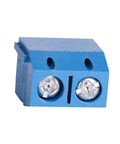 Close-up view of a single 2-pin 5.08mm pitch PCB mount screw terminal block connector, part of a 30 Pack 2 Pin 5.08mm Pitch PCB Mount Screw Terminal Block Connectors Socket Strips KF301-2P Straight Pins For Electronics Heavy Duty AC 300V 16A 14-22AWG Wire Plug And Play Easy Install Reliable Circuit Terminals.