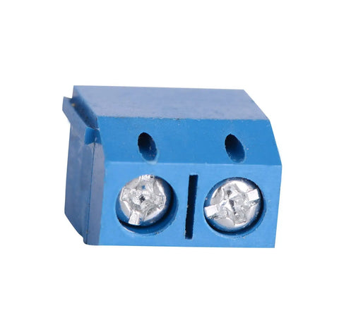 Close-up view of a single 2-pin 5.08mm pitch PCB mount screw terminal block connector, part of a 30 Pack 2 Pin 5.08mm Pitch PCB Mount Screw Terminal Block Connectors Socket Strips KF301-2P Straight Pins For Electronics Heavy Duty AC 300V 16A 14-22AWG Wire Plug And Play Easy Install Reliable Circuit Terminals.