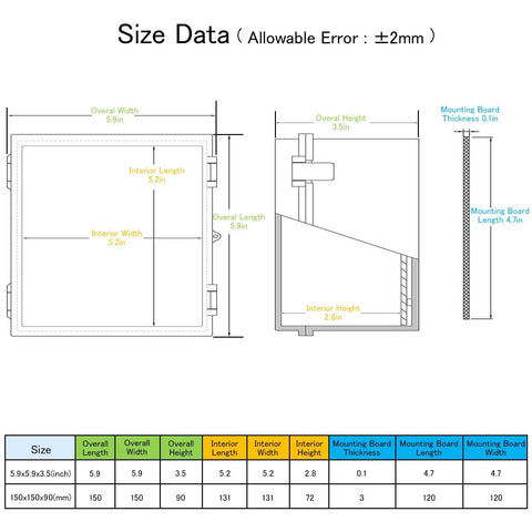 Dimensions diagram of IP65 Waterproof Outdoor Junction Box With Hinged Lid, 5.2 x 5.2 x 3.3 inches, with internal and mounting details.
