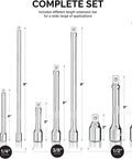 Nine Piece Grab And Go Wobble Extension Bar Set for Sockets With 16 Degree Convex Anvil, Chrome Vanadium Steel Construction, Fits One Quarter Inch, Three Eighths Inch, and One Half Inch Drive Ratchets displayed in varying lengths