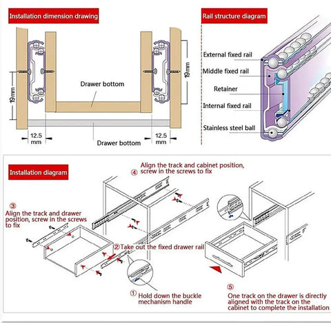 Installation diagram for Heavy Duty Drawer Slides Set 2 Pack Full Extension Ball Bearing With Soft Close 10 Inch And 12 Inch