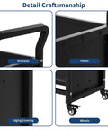 Detail view of V Shaped Metal Rolling Book Cart With Three Tier Shelves, showing armrests, hooks, edging, and lockable wheels, Black