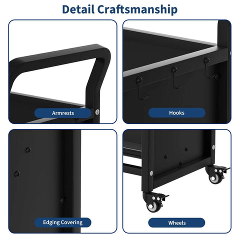 Detail view of V Shaped Metal Rolling Book Cart With Three Tier Shelves, showing armrests, hooks, edging, and lockable wheels, Black