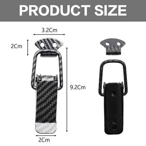 Product size diagram of Heavy Duty Alloy Bumper Quick Release Hook Clips 2 Pack For Hood Trunk And Body Panels Universal Fit Large Car Clip Fasteners Deliver Rock Solid Hold With Vibration Resistance And Easy Snap In And Out with dimensions 3.2cm x 2cm x 9.2cm.