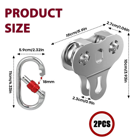 Heavy Duty Stainless Steel Zipline Pulley Kit 2 Pack With Tandem Speed Double Trolley dimensions and design details.
