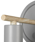 Plug In Or Hardwire Wall Sconce 2 In 1 Dimmer Backplate Matte Gray With Faux Wood Accents close-up detail of faux wood accent.
