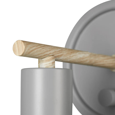 Plug In Or Hardwire Wall Sconce 2 In 1 Dimmer Backplate Matte Gray With Faux Wood Accents close-up detail of faux wood accent.