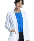 Woman wearing Women's 28 Inch Lab Coat With Notched Lapels, Back Princess Seams, Three Button Front Closure, White Medical Coat
