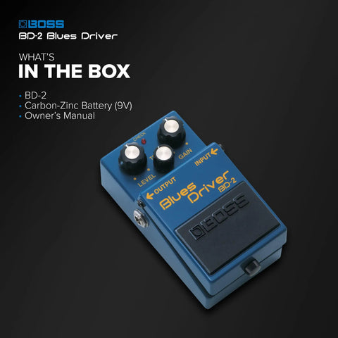 Blues Driver Guitar Effects Pedal Delivers Creamy Crunch And Tube Amp Warmth, shown with box contents list