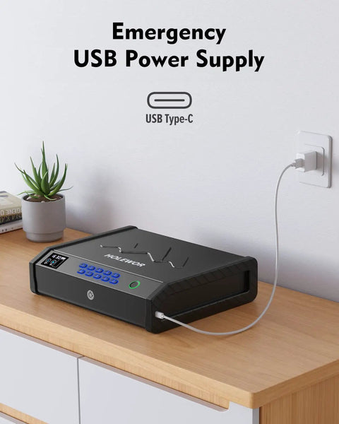 Biometric Pistol Safe With LCD Temperature Humidity Display, Quick Access Fingerprint Handgun Safe on desk with USB C port