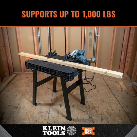MODbox Folding Work Bench On The Go Quick Set Up Heavy Duty 1000 Pound Capacity Portable Work Table with tools on top