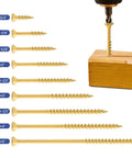 Top Shelf Rock Solid Deck Screws Ten Gauge By Three And A Half Inch Wood Fasteners Tan Epoxy Coated For Maximum Rust Resistance T25 Torx Drive Head With Included Star Bit Tough As Nails Outdoor Decking Pack Of Fifty displayed with various screw sizes including #8 and #10.