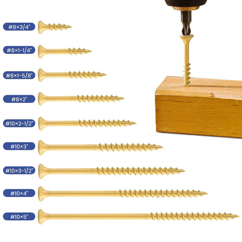 Top Shelf Rock Solid Deck Screws Ten Gauge By Three And A Half Inch Wood Fasteners Tan Epoxy Coated For Maximum Rust Resistance T25 Torx Drive Head With Included Star Bit Tough As Nails Outdoor Decking Pack Of Fifty displayed with various screw sizes including #8 and #10.