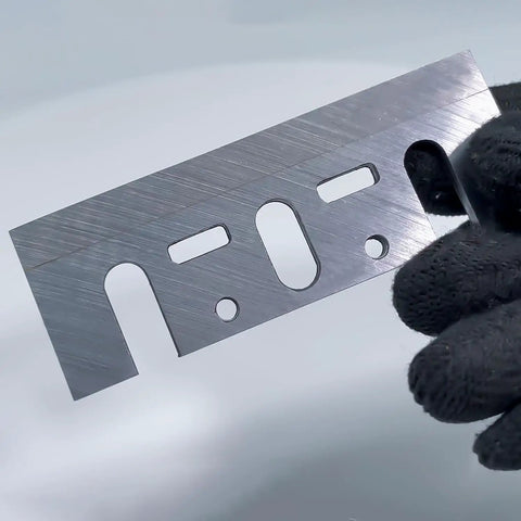 Top Shelf HSS Planer Blades Set Of Eight Heavy Duty Hand Planer Replacement Knives Built Tough For The Woodworking Shop Boasts Crisp Cuts Every Single Time For Reliable 3 1 4 Inch Model Compatibility, showing a single replacement blade.