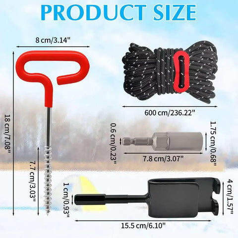 Heavy Duty Ice Anchor Tool Kit For Ice Fishing, 6 Stainless Steel Tent Stakes Nails With sizes of drill adapter and ropes shown