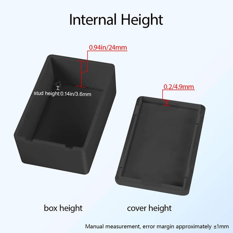 8 Pack Small ABS Plastic Project Box Electrical Enclosure showing internal height details of box and cover in inches and mm.
