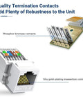 10-Pack Tool-Less Cat6 RJ45 Keystone Jacks showing phosphor bronze and gold-plating contacts for robust termination.