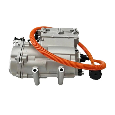 Heavy Duty EV AC Compressor Built To Handle Business And Keep Your Ride Cool Compatible With Aeolus E70 320V Electric Vehicle Climate Control Replacement Part side view showing orange hose and silver casing.