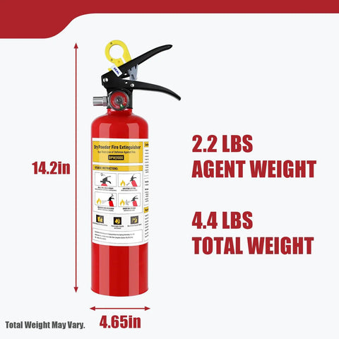 Versatile 2.2 Lb Dry Powder Fire Extinguisher With 1A 10B C Rating shown with dimensions of 14.2in height and 4.65in width.