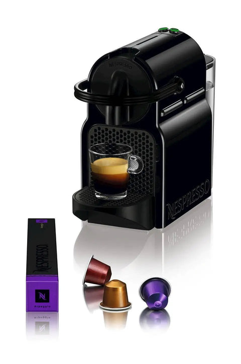 Compact Black Espresso Machine With 19 Bar High Pressure Pump And Quick 25 Second Preheat featuring a brewed cup of espresso.