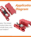 Top view of red Mega Fuse Holder for 1 Mega Fuse Pack of 2 with M8 bolts, hex nuts, splash proof design, flame retardant material.