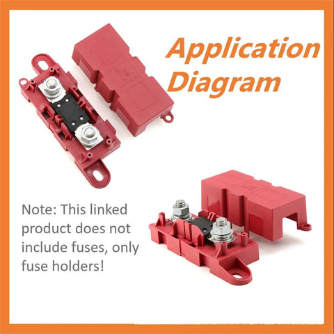 Top view of red Mega Fuse Holder for 1 Mega Fuse Pack of 2 with M8 bolts, hex nuts, splash proof design, flame retardant material.