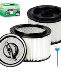 Two Pack Washable Cartridge Filter And Retainer Set For Four Gallon Wet Dry Vacuums With Brush For Quick Swaps displayed with box
