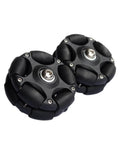 Two black omni-directional roller wheels with metal bearing hubs for folding bikes