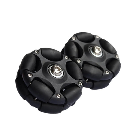 Two black omni-directional roller wheels with metal bearing hubs for folding bikes