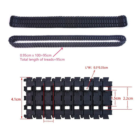 Two Pcs Robot Tank Tracks 95cm Crawler Treads With Gear For DIY Robot Tank Build Durable Stainless Drive Wheel Engineering Plastic Tracks Reusable Chain Links TH Track Kit For Teens And Adults Idler Wheels Not Included. Image shows tracks with measurements.