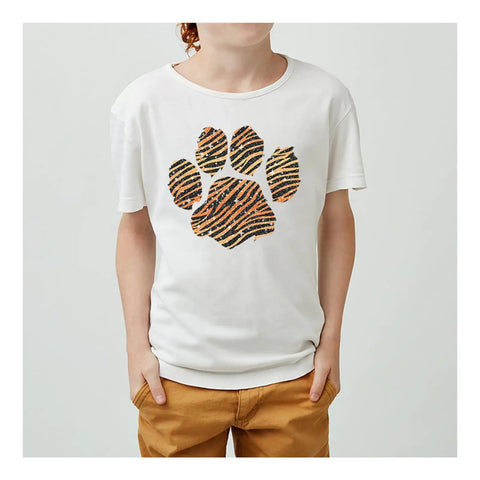 Child wearing white T-shirt with tiger paw print made from Glitter Animal Pattern Heat Transfer Vinyl Tiger Print 12x12 Inch Sheet.