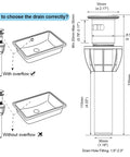 Diagram of matte black pop up drain stopper with overflow for vessel sinks, showing dimensions and compatibility with sink types.