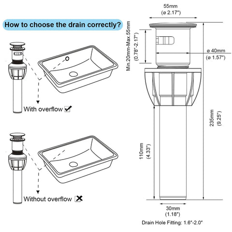 Diagram of matte black pop up drain stopper with overflow for vessel sinks, showing dimensions and compatibility with sink types.