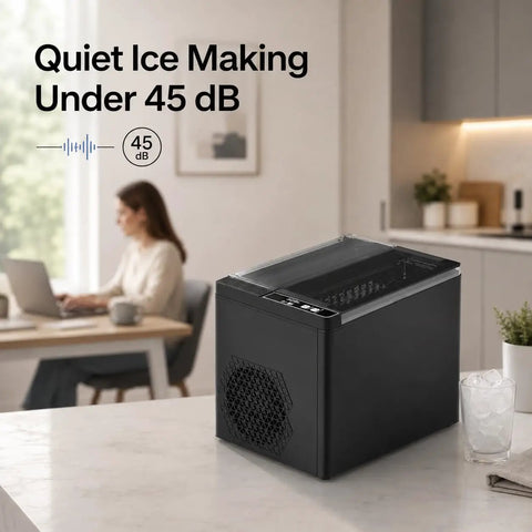 Portable Countertop Ice Maker Slings Nine Swift Bullet Cubes In Six Minutes And Cranks Out Twenty Six Pounds Daily With Silent Running and big tank in a home setting.