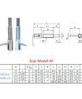 Heavy Duty L Handle Self Locking Indexing Pin Plunger Knob Fits M6 To M16 Specs with size chart and dimensions.