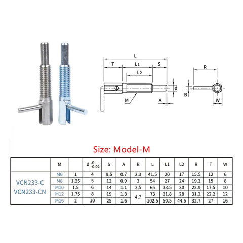 Heavy Duty L Handle Self Locking Indexing Pin Plunger Knob Fits M6 To M16 Specs with size chart and dimensions.