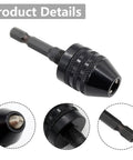 Keyless Drill Chuck Set One Quarter Inch Hex Shank Quick Change Converter For Impact Drills Includes 2 Pieces With 0.3 To 8mm And 0.3 To 3.6mm Clamping Ranges Fast Change Drill Adapter Extension, shown in black with detailed views of hex shank and clamping mechanism.