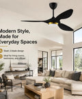 52 Inch Black Modern Ceiling Fan With Lights And Remote, Smart WiFi Enabled, three blades, living room installation, ETL Listed