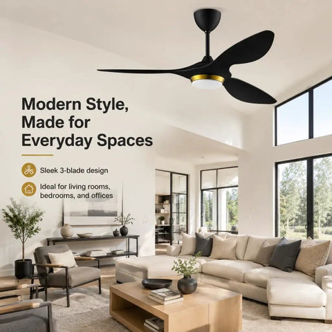 52 Inch Black Modern Ceiling Fan With Lights And Remote, Smart WiFi Enabled, three blades, living room installation, ETL Listed