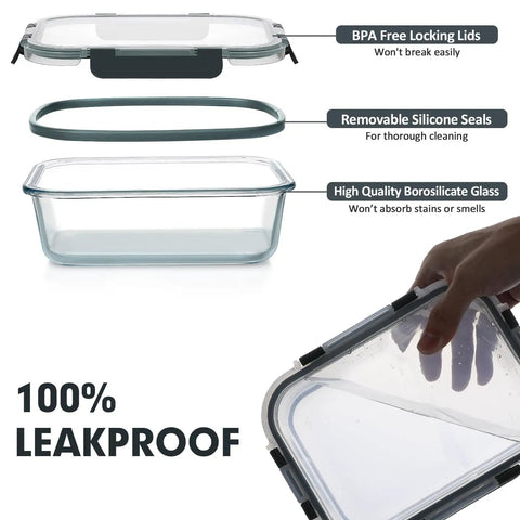 30 Piece Glass Meal Prep Containers Set With Stackable Lids, Airtight Glass Food Storage, showing components and leakproof feature