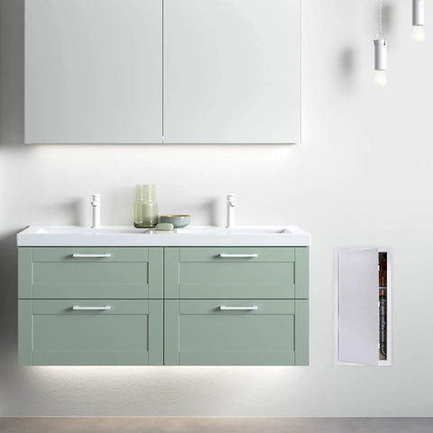 Rock Solid Hinged Access Panel 14x29 Inch Wall And Ceiling Door installed in a modern bathroom beside a green vanity.