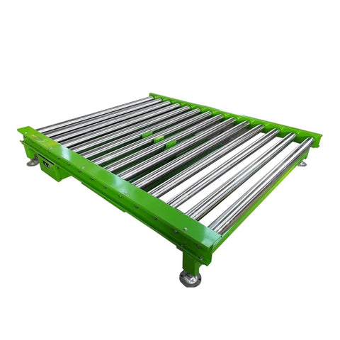 Heavy Duty Electric Hydraulic Scissor Lift Table With Roller Bottom Straight Up Built Tough From Quality Steel Overload Protection And Durable Yellow Paint Smooth Operator For Any Warehouse Or Machine Shop Setup, featuring a green frame with rollers.