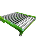 Industrial Heavy Duty Mobile Scissor Lift Table With Electric Hydraulic Roller System For Lifting Heavy Gear And Knocking Out Warehouse Tasks Without Breaking A Sweat, showing green frame with steel rollers.