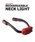 Red and black Rechargeable Neck Light 350 Lumens Pivoting Heads on white background.