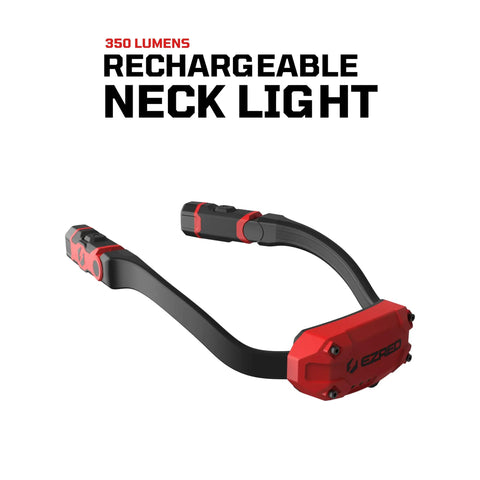 Red and black Rechargeable Neck Light 350 Lumens Pivoting Heads on white background.